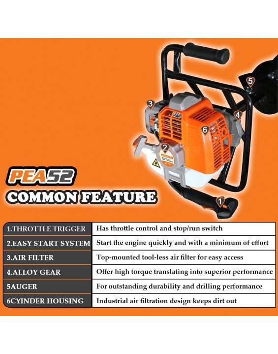 PPROYAMA 54cc Dig Performance Gas Powered Earth Auger Post Hole Digger 5-Year Warranty Gear Box Three Drill 4